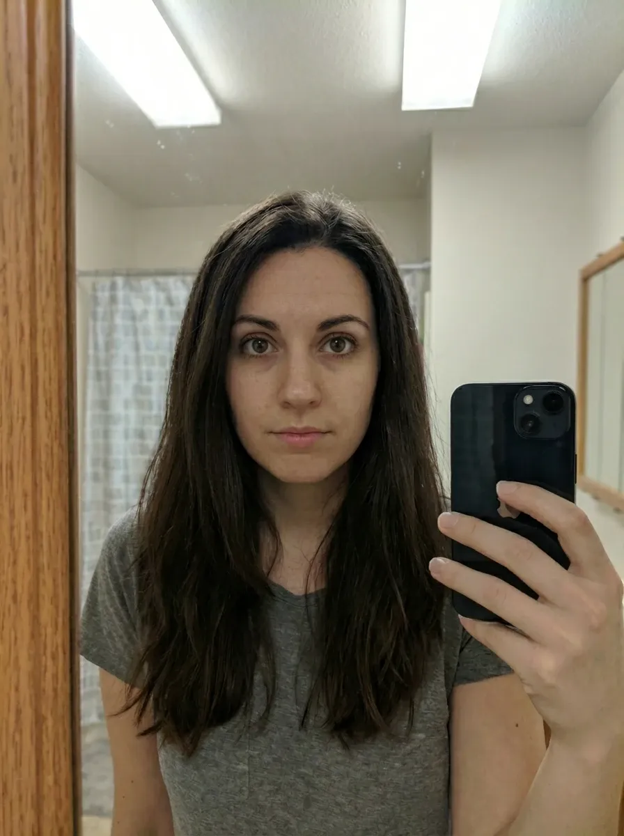 Original selfie input — woman in a gray sleeveless top, mirror selfie